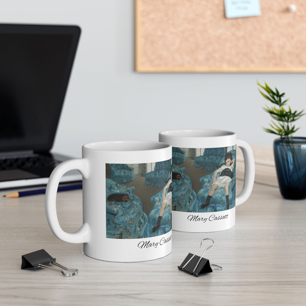 Mary Cassatt Artistic Ceramic Mug - Woman Relaxing on Blue Chair (11oz, 15oz)