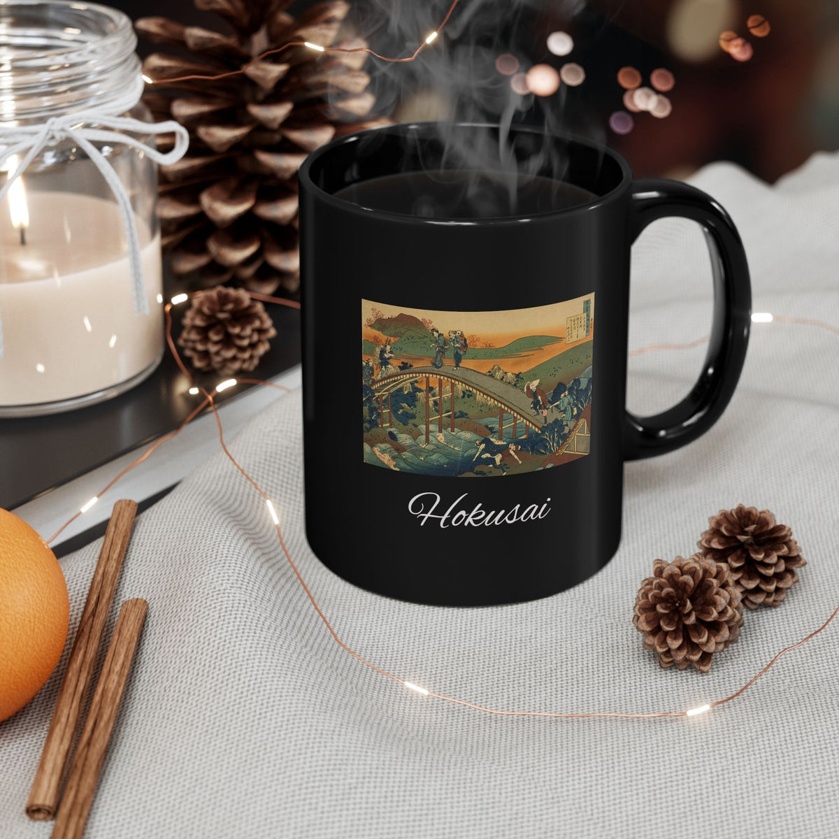 Hokusai Katsushika Hokusai Wave Bridge Black Ceramic Mug (11oz & 15oz)