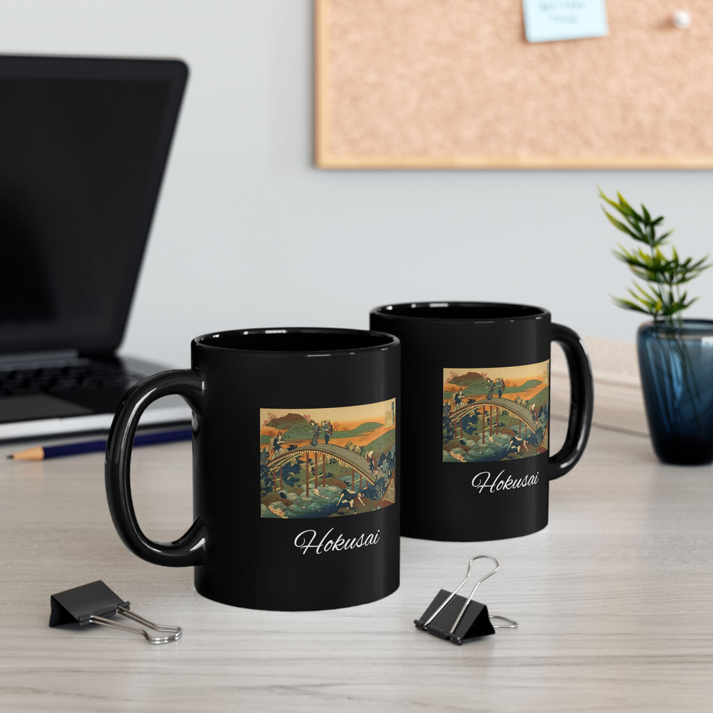 Hokusai Katsushika Hokusai Wave Bridge Black Ceramic Mug (11oz & 15oz)