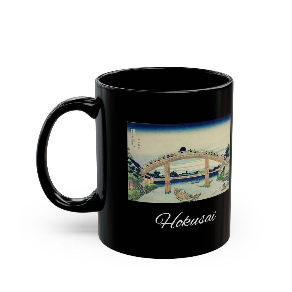 Hokusai Katsushika Hokusai Bridge Black Mug — Japanese Wave Art Coffee Cup (11oz/15oz)