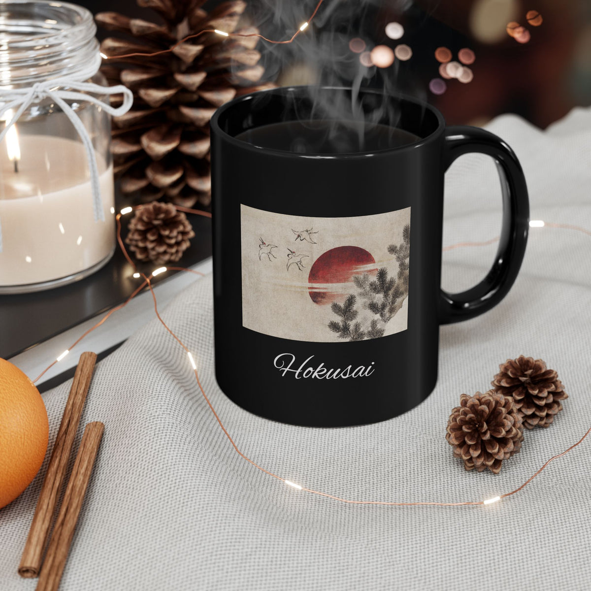 Hokusai Katsushika Hokusai Sunrise Black Ceramic Mug (11oz & 15oz) — Japanese Wave Art Coffee Cup
