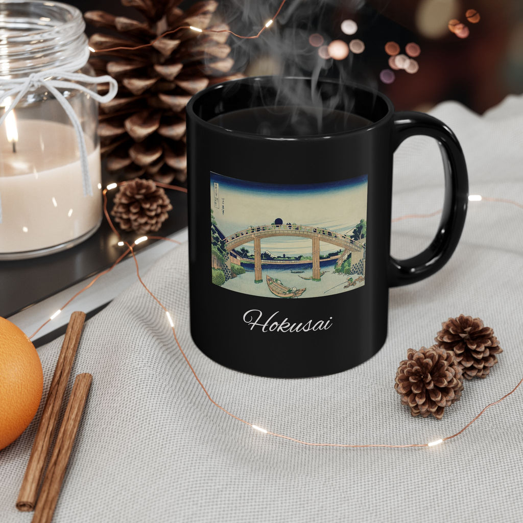 Hokusai Katsushika Hokusai Bridge Black Mug — Japanese Wave Art Coffee Cup (11oz/15oz)