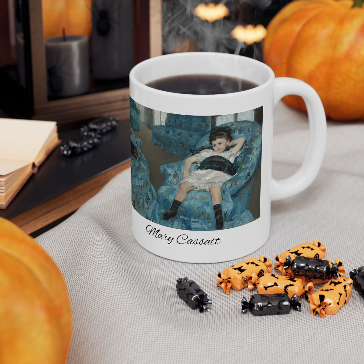 Mary Cassatt Artistic Ceramic Mug - Woman Relaxing on Blue Chair (11oz, 15oz)