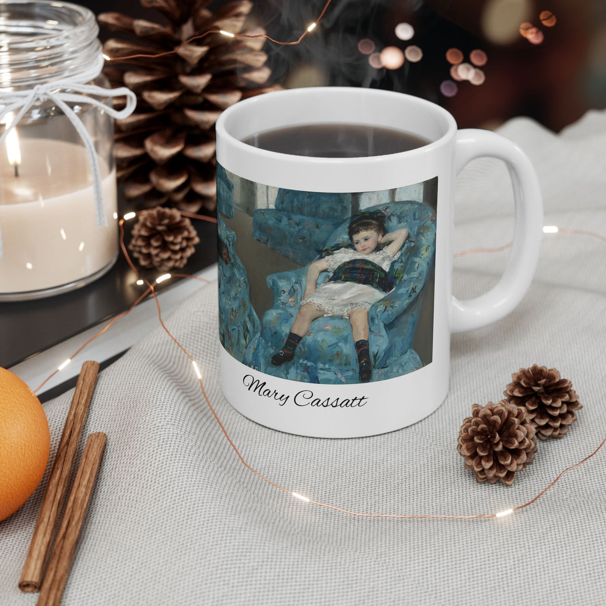 Mary Cassatt Artistic Ceramic Mug - Woman Relaxing on Blue Chair (11oz, 15oz)