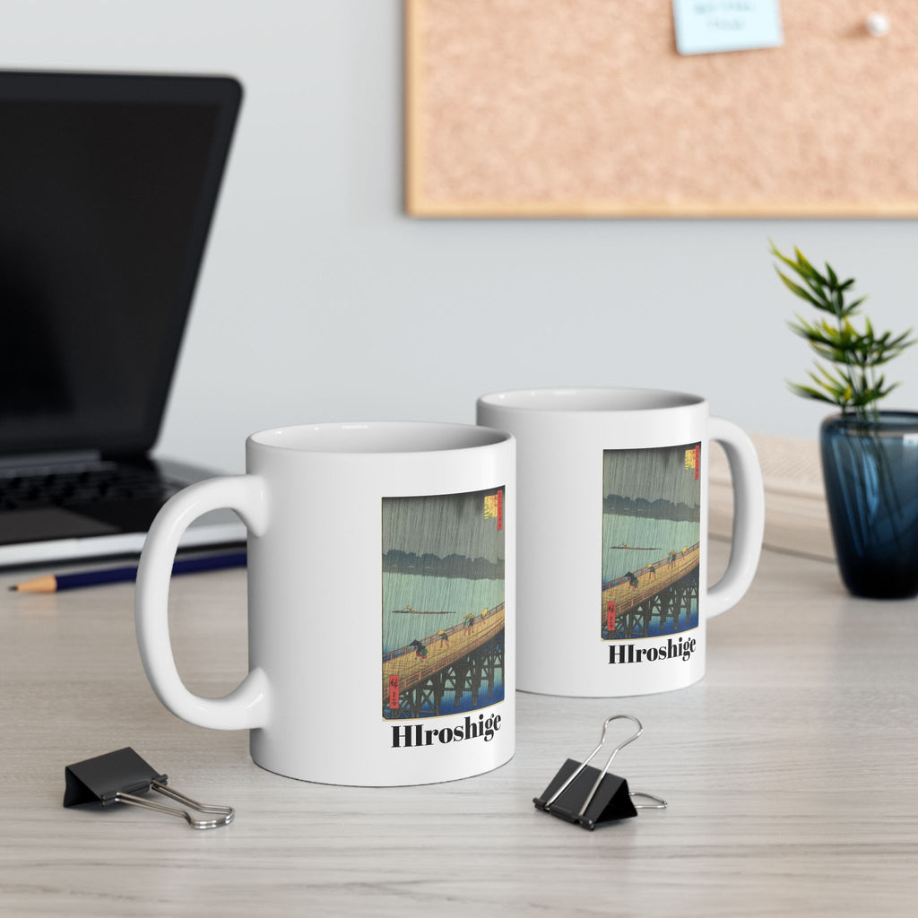 Hiroshige Utagawa Ceramic Mug — Retro Sunset Travel Poster Collage Coffee Mug (11oz/15oz)