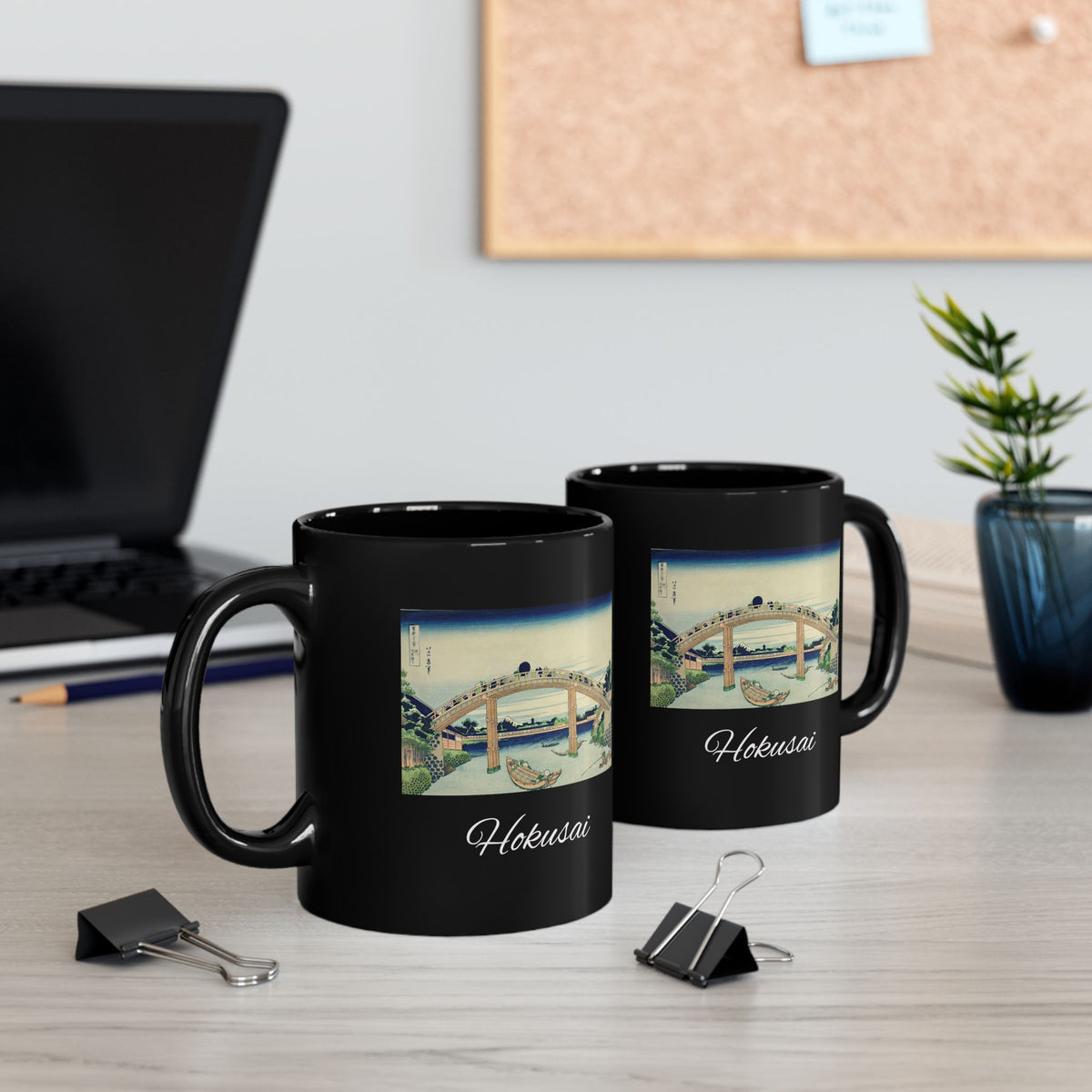 Hokusai Katsushika Hokusai Bridge Black Mug — Japanese Wave Art Coffee Cup (11oz/15oz)