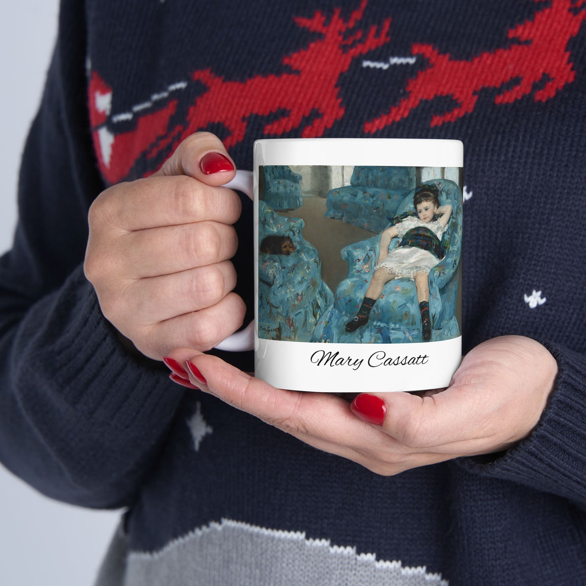 Mary Cassatt Artistic Ceramic Mug - Woman Relaxing on Blue Chair (11oz, 15oz)