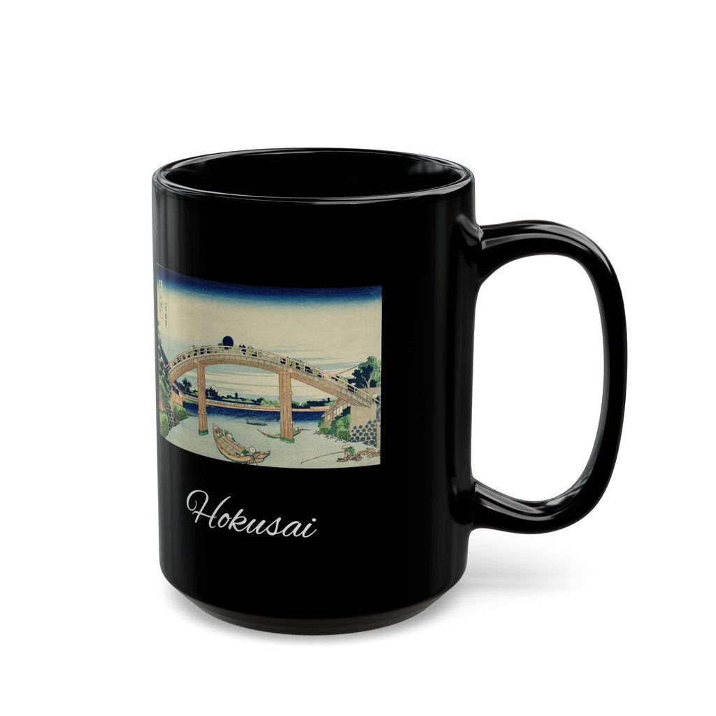 Hokusai Katsushika Hokusai Bridge Black Mug — Japanese Wave Art Coffee Cup (11oz/15oz)